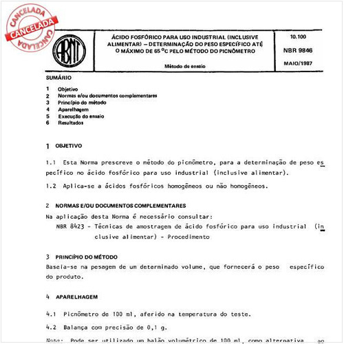 Acido fosfórico para uso industrial (inclusive alimentar) - Determinação do peso específico até o máximo de 65 graus Celsius pelo método do picnômetro