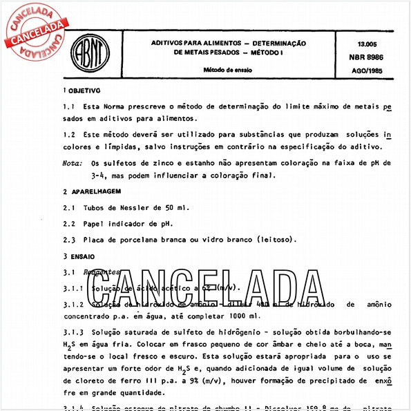 Aditivos para alimentos - Determinação de metais pesados - Método I