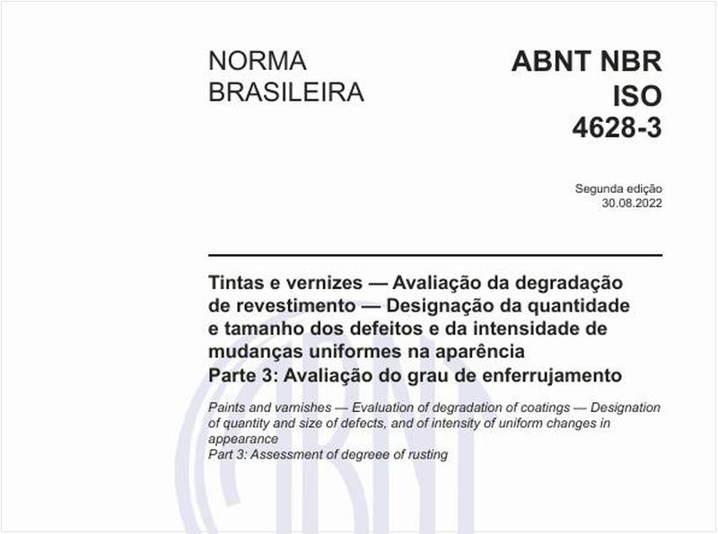 Tintas e vernizes - Avaliação da degradação de revestimento - Designação da quantidade e tamanho dos defeitos e da intensidade de mudanças uniformes na aparência - Parte 3: Avaliação do grau de enferrujamento