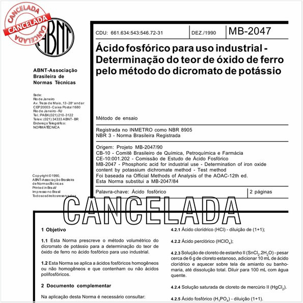 Acido fosfórico para uso industrial - Determinação do teor de óxido de ferro pelo método do dicromato de potássio