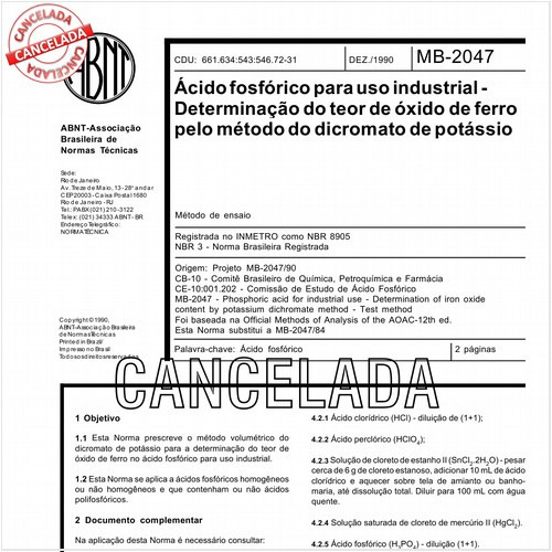 Acido fosfórico para uso industrial - Determinação do teor de óxido de ferro pelo método do dicromato de potássio