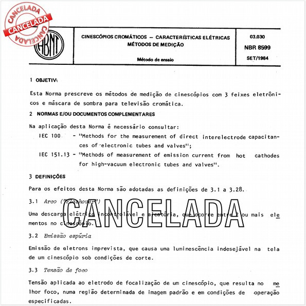 Cinescópios cromáticos - Características elétricas - Métodos de medição