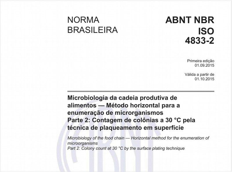 Microbiologia da cadeia produtiva de alimentos - Método horizontal para a enumeração de microrganismos - Parte 2: Contagem de colônias a 30 °C pela técnica de plaqueamento em superfície