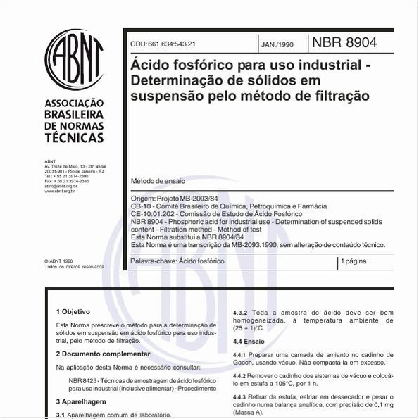 Ácido fosfórico para uso industrial - Determinação de sólidos em suspensão pelo método de filtração - Método de ensaio