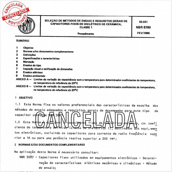 Seleção de métodos de ensaio e requisitos gerais de capacitores fixos com dielétrico de cerâmica, classe 1