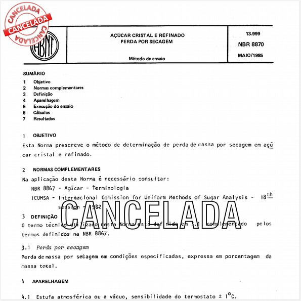 Açúcar cristal e refinado - Perda por secagem