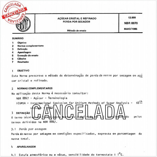 Açúcar cristal e refinado - Perda por secagem