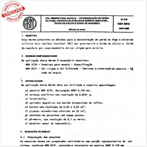 Cal virgem para aciaria - Determinação de perda ao fogo, anidrido silícico mais resíduo insolúvel, óxido de cálcio e óxido de magnésio