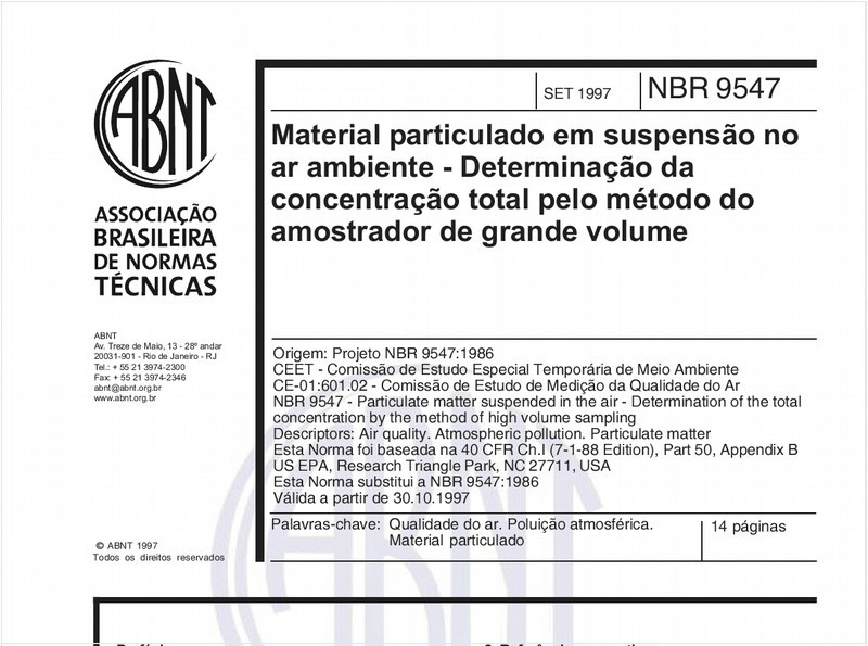 Material particulado em suspensão no ar ambiente - Determinação da concentração total pelo método do amostrador de grande volume