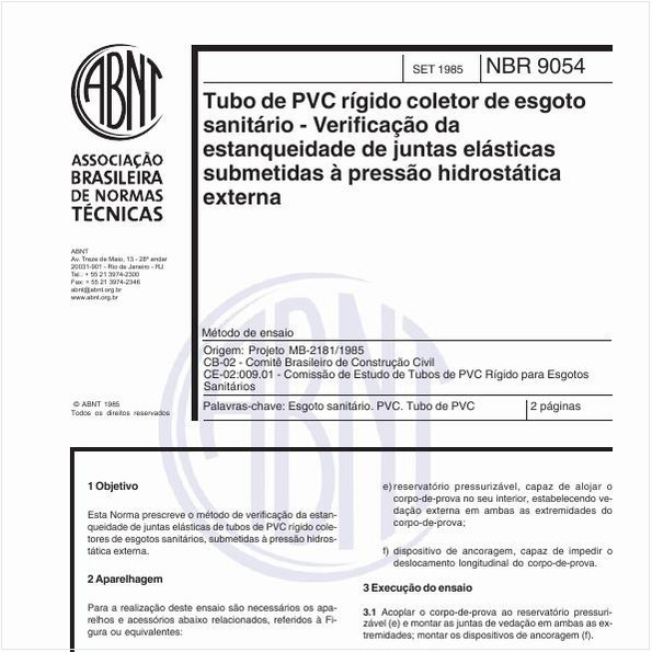 Tubo de PVC rígido coleto de esgoto sanitário - Verificação da estanqueidade de juntas elásticas submetidas à pressão hidrostática externa - Método de ensaio