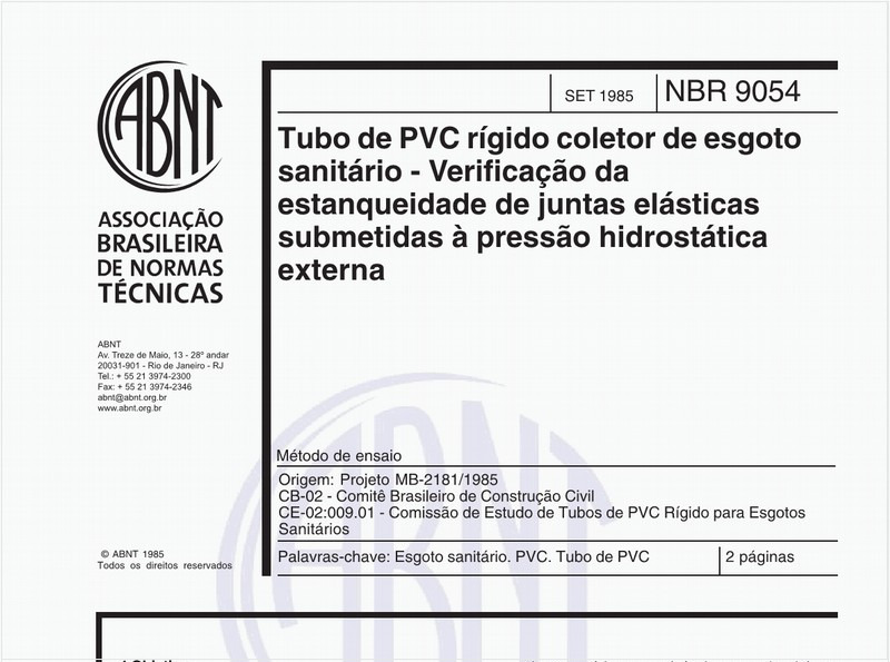 Tubo de PVC rígido coleto de esgoto sanitário - Verificação da estanqueidade de juntas elásticas submetidas à pressão hidrostática externa - Método de ensaio