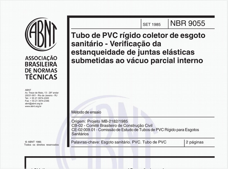 Tubo de PVC rígido coletor de esgoto sanitário - Verificação da estanqueidade de juntas elásticas submetidas ao vácuo parcial interno - Método de ensaio
