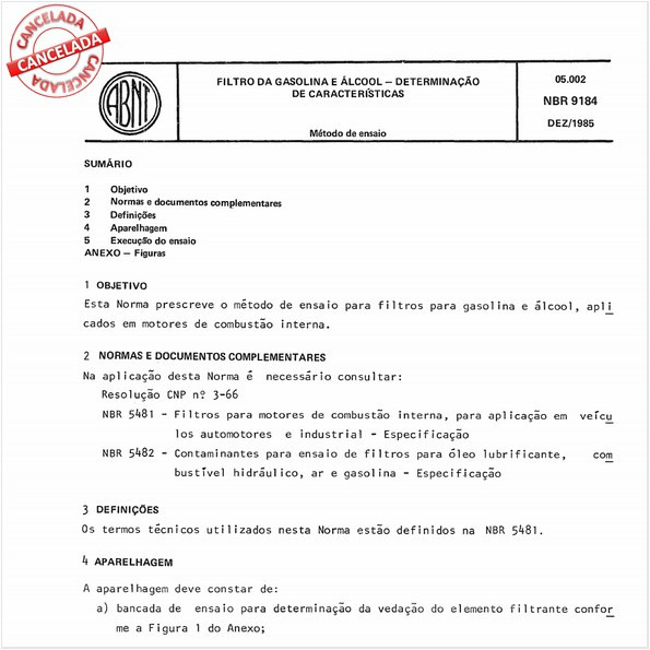 Filtro de gasolina e álcool - Determinação de características