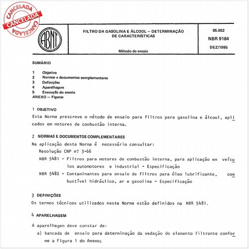 Filtro de gasolina e álcool - Determinação de características