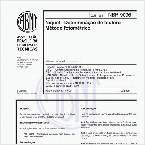 Níquel - Determinação de fósforo - Método fotométrico - Método de ensaio