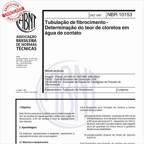 Tubulação de fibrocimento - Determinação do teor de cloretos em água de contato