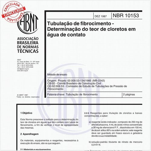 Tubulação de fibrocimento - Determinação do teor de cloretos em água de contato
