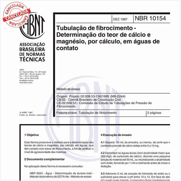 Tubulação de fibrocimento - Determinação do teor de cálcio e magnésio por cálculo, em águas de contato