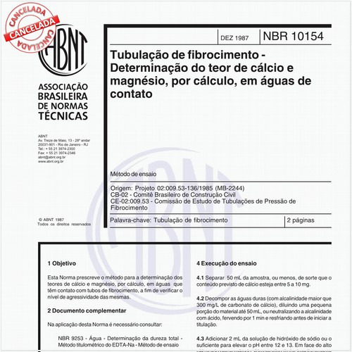 Tubulação de fibrocimento - Determinação do teor de cálcio e magnésio por cálculo, em águas de contato