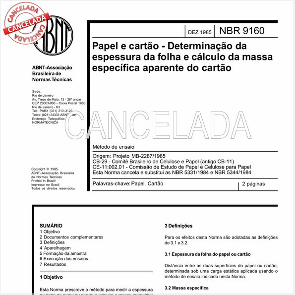 Papel e cartão - Determinação da espessura da folha e cálculo da massa específica aparente do cartão