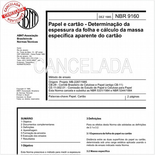 Papel e cartão - Determinação da espessura da folha e cálculo da massa específica aparente do cartão