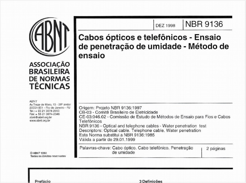 Cabos ópticos e telefônicos - Ensaio de penetração de umidade - Método de ensaio