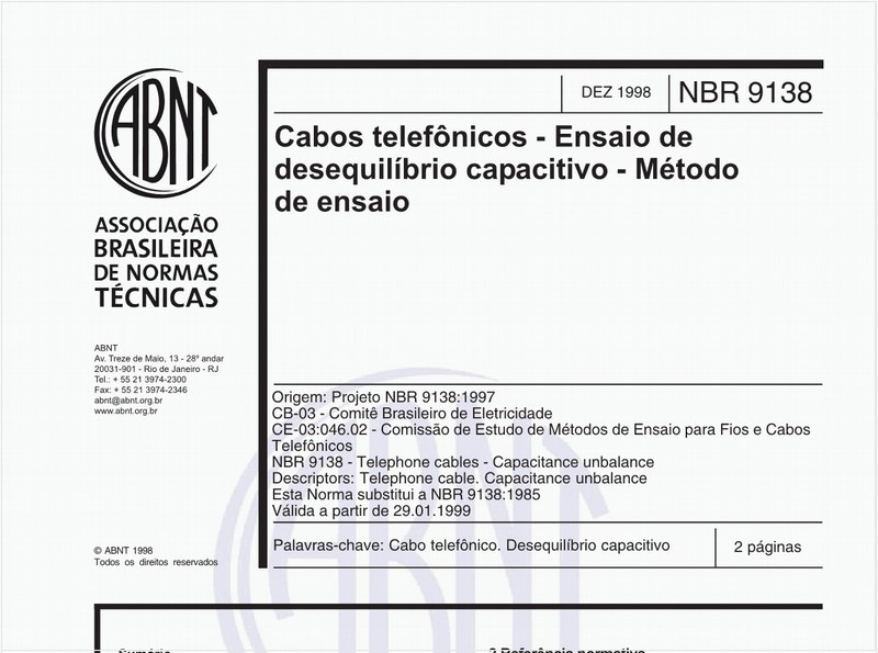 Cabos telefônicos - Ensaio de desequilíbrio capacitivo - Método de ensaio