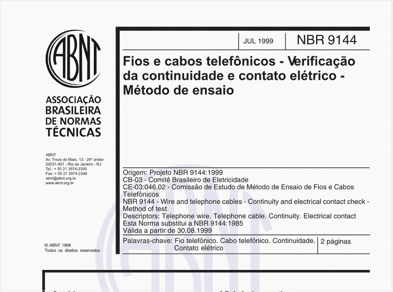 Fios e cabos telefônicos - Verificação da continuidade e contato elétrico - Método de ensaio
