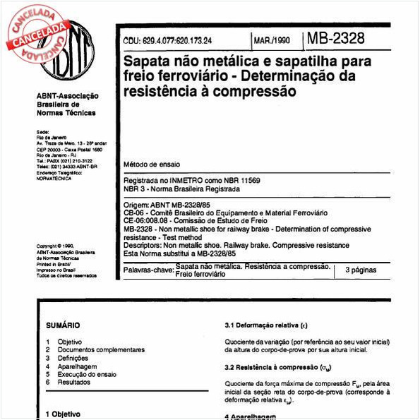 Sapata não metálica e sapatilha para freio ferroviário - Determinação da resistência à compressão