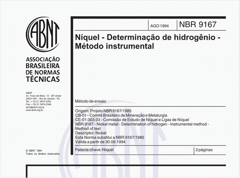 Níquel - Determinação de hidrogênio - Método instrumental - Método de ensaio