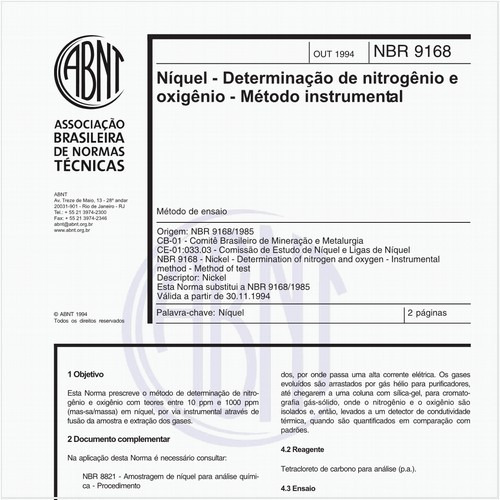 Níquel - Determinação de nitrogênio e oxigênio - Método instrumental - Método de ensaio