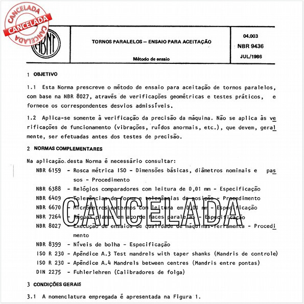 Tornos paralelos - Ensaio para aceitação
