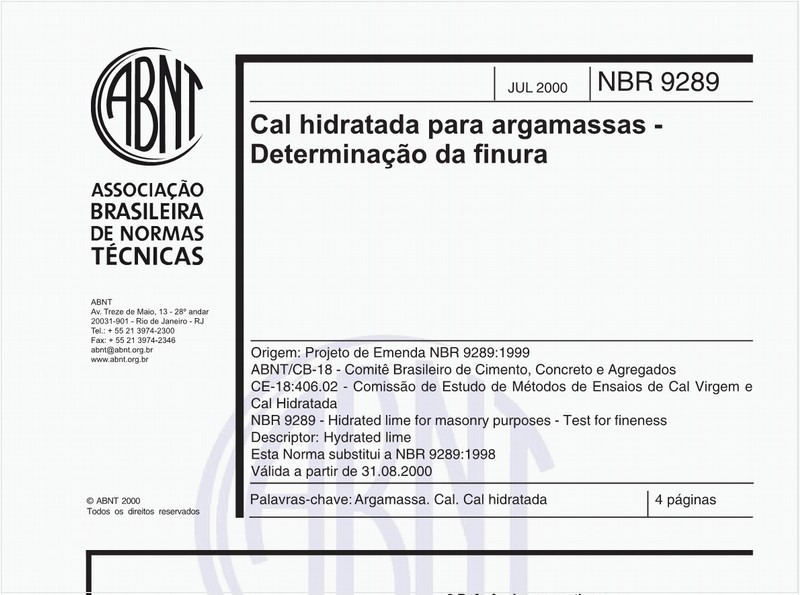 Cal hidratada para argamassas - Determinação da finura