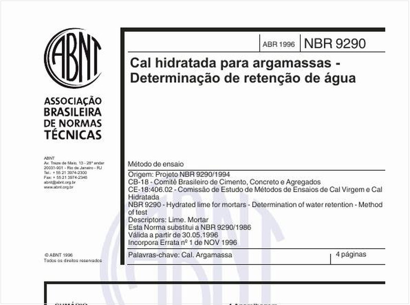 Cal hidrata para argamassas - Determinação de retenção de água - Método de ensaio