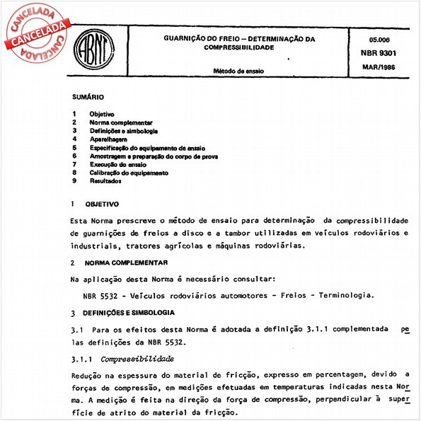 Guarnição do freio - Determinação da compressibilidade