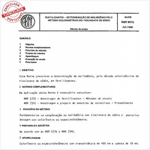 Fertilizantes - Determinação de molibdênio pelo método colorimétrico do tiocianato de sódio