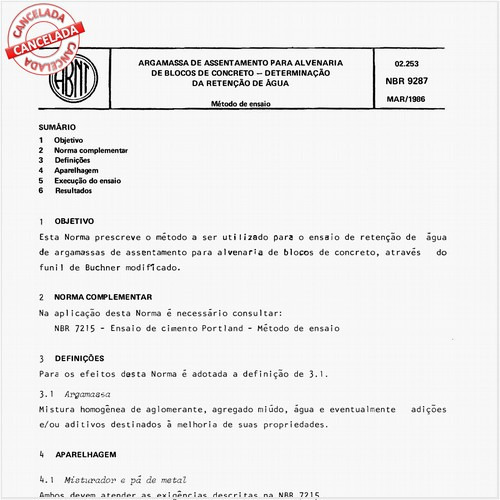 Argamassa de assentamento para alvenaria de bloco de concreto - Determinação da retenção de água