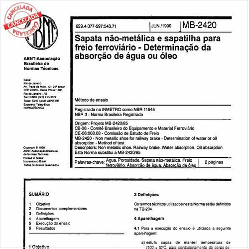 Sapata não-metálica e sapatilha para freio ferroviário - Determinação da absorção de água ou óleo