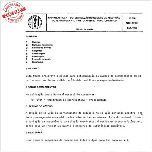 Caprolactama - Determinação do número de absorção de permanganato - Método espectrofotométrico