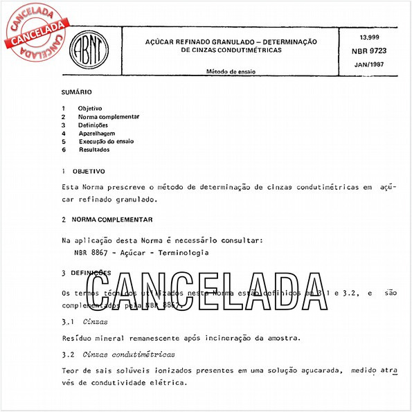 Açúcar refinado granulado - Determinação de cinzas condutimétricas