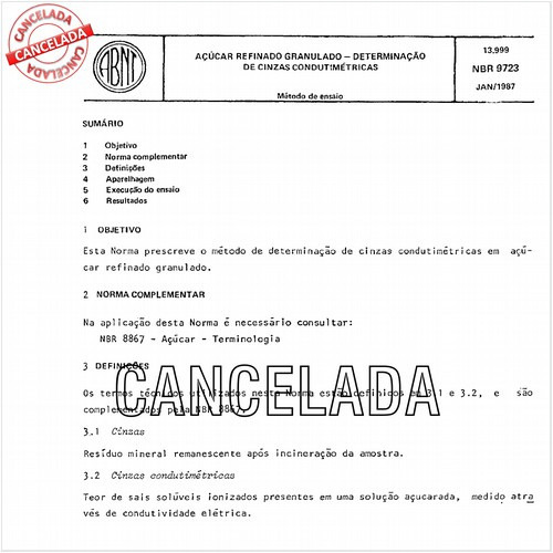 Açúcar refinado granulado - Determinação de cinzas condutimétricas