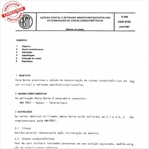 Açúcar cristal e refinado amorfo/microcristalino - Determinação de cinzas condutimétricas