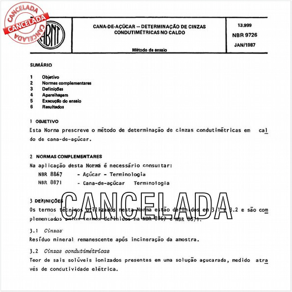 Cana-de-açúcar - Determinação de cinzas condutimétricas no caldo