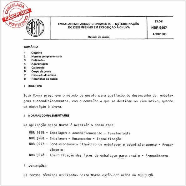 Embalagem e acondicionamento - Determinação do desempenho em exposição à chuva