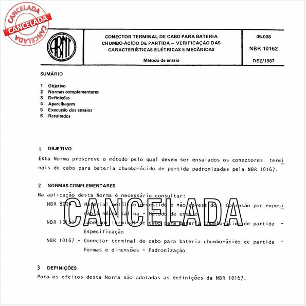 Conector terminal de cabo para bateria chumbo-ácido de partida - Verificação das características elétricas e mecânicas