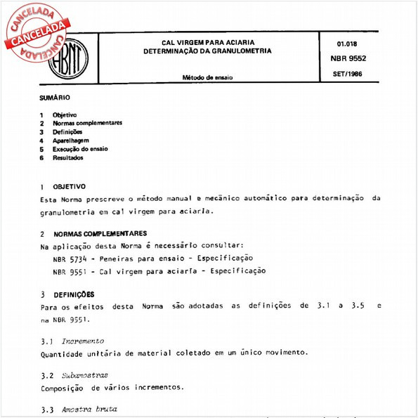 Cal virgem para aciaria - Determinação da granulometria