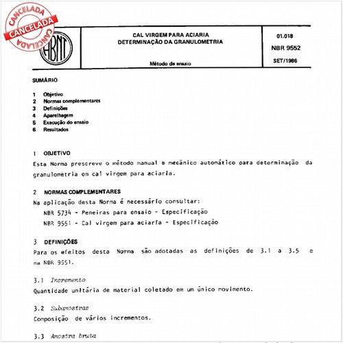 Cal virgem para aciaria - Determinação da granulometria