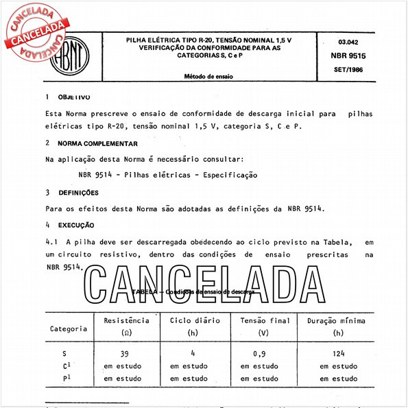 Pilha elétrica tipo R-20, tensão nominal 1,5 V - Verificação da conformidade para as categorias S, C e P