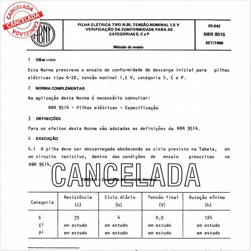 Pilha elétrica tipo R-20, tensão nominal 1,5 V - Verificação da conformidade para as categorias S, C e P