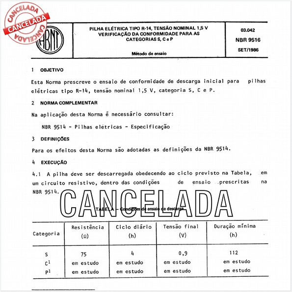 Pilha elétrica tipo R-14, tensão nominal 1,5 V - Verificação da conformidade para as categorias S, C e P